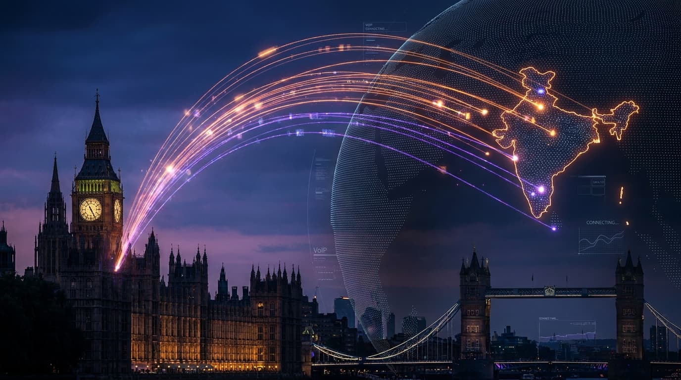 Call India from UK — London skyline with digital connection to India