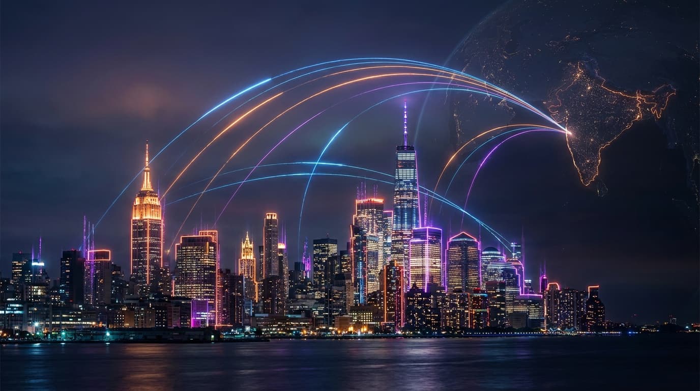 Call India from USA — New York skyline with digital connection to India